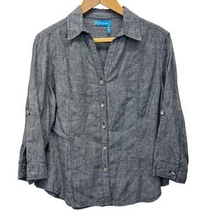 Fresh Produce Linen Button Down Shirt Womens Medium Black White Check Roll Tab